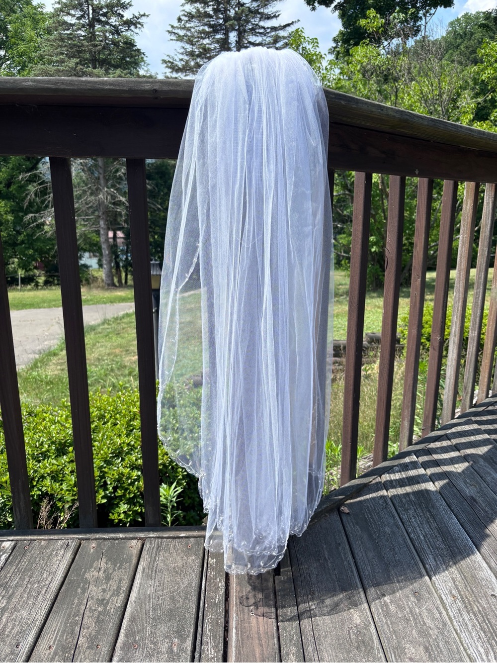 Beautiful White Fingertip Length Bridal Veil with Silver Embroidery and Beads